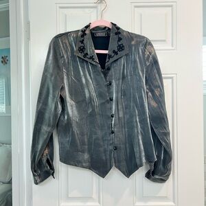 Impressions Metallic Charcoal Blazer with Embroidered Collar